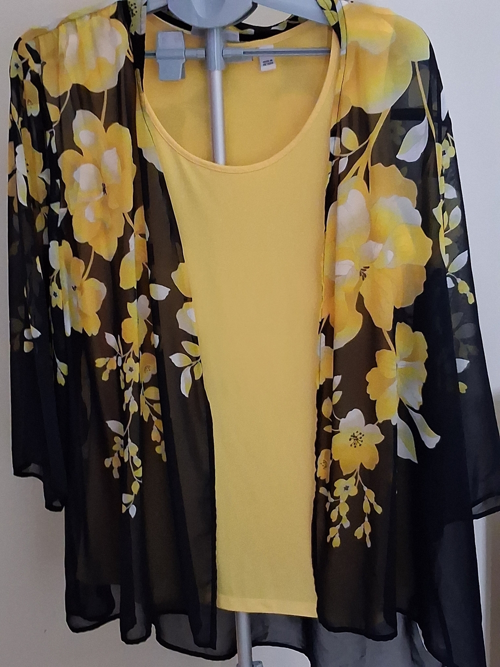 Susan Graver Yellow Tank with Black Floral Sheer Cardigan Layer